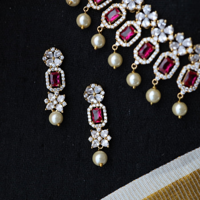 Heritage gold plated ruby white stone and pearl short necklace earrings TTH10129