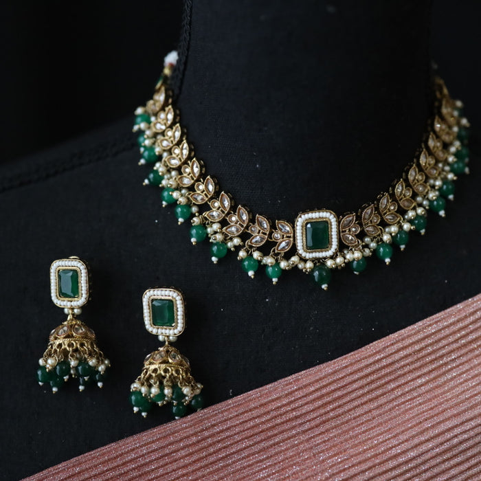 Trendy green stone short necklace with earrings and tikka 1488118