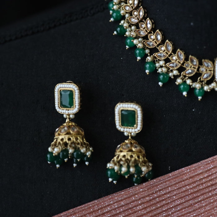 Trendy green stone short necklace with earrings and tikka 1488118