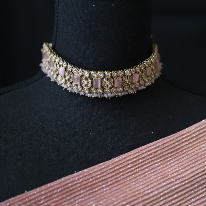 Trendy pink stone necklace with earrings and tikka 2381 148799