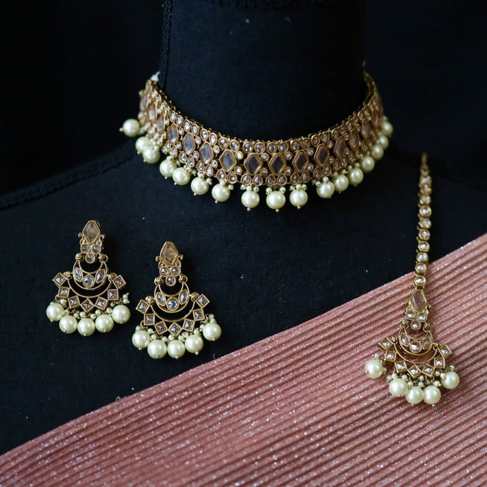 Trendy choker necklace with earrings with tikka  13463