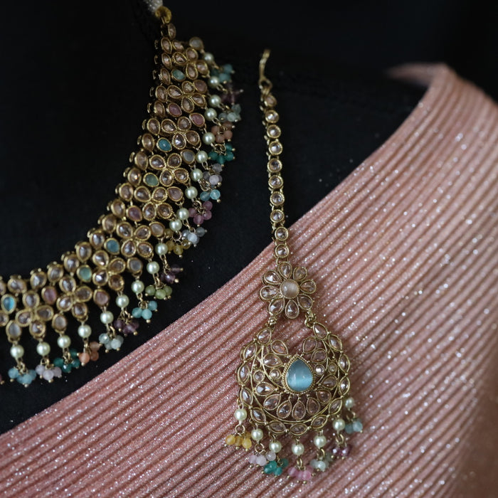Trendy bead short necklace with earrings and tikka 144898