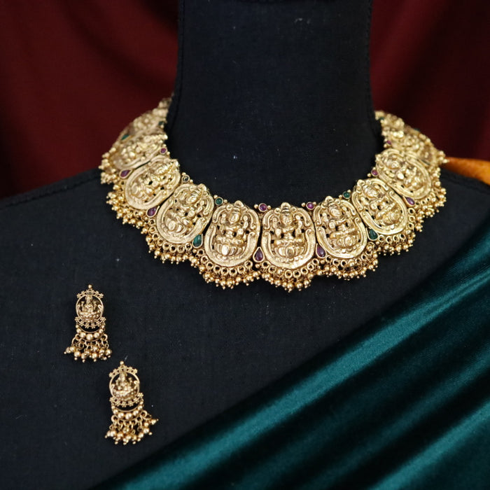Antique temple gold short necklace and earring 14186