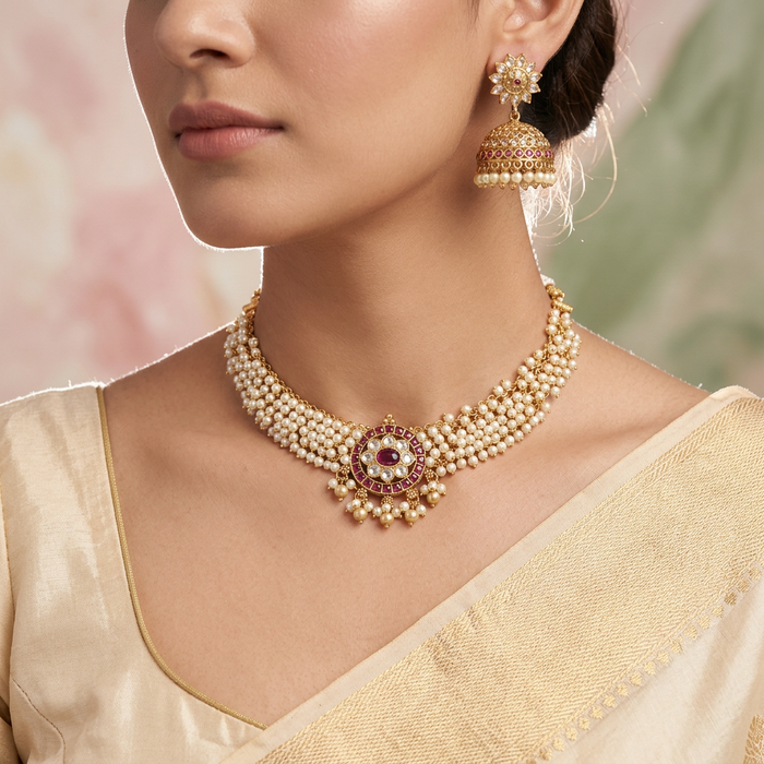 Antique pearl choker necklace with earrings CCB1004