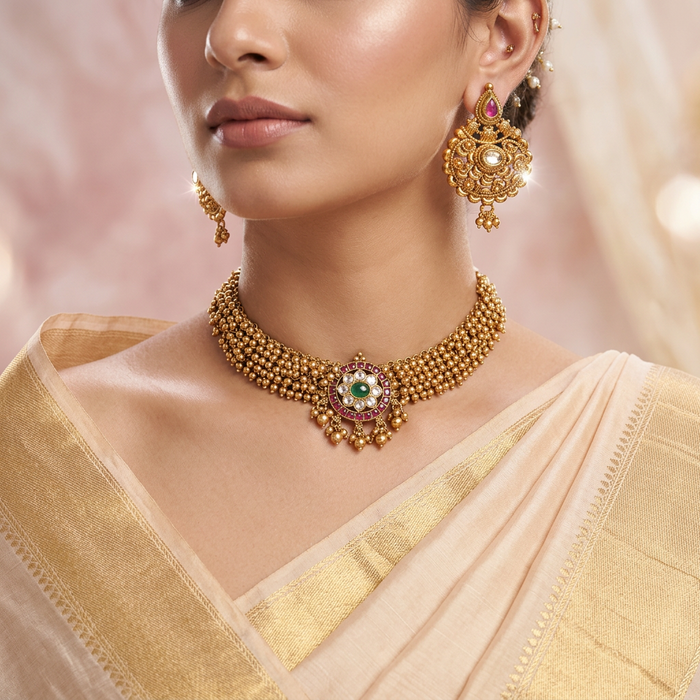 Antique golden pearl choker necklace with  2 pair of earrings CCB380
