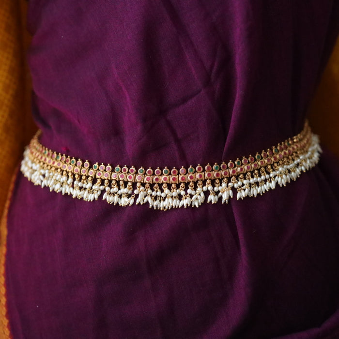 Antique gold temple design ruby pearl waistchain 2345347