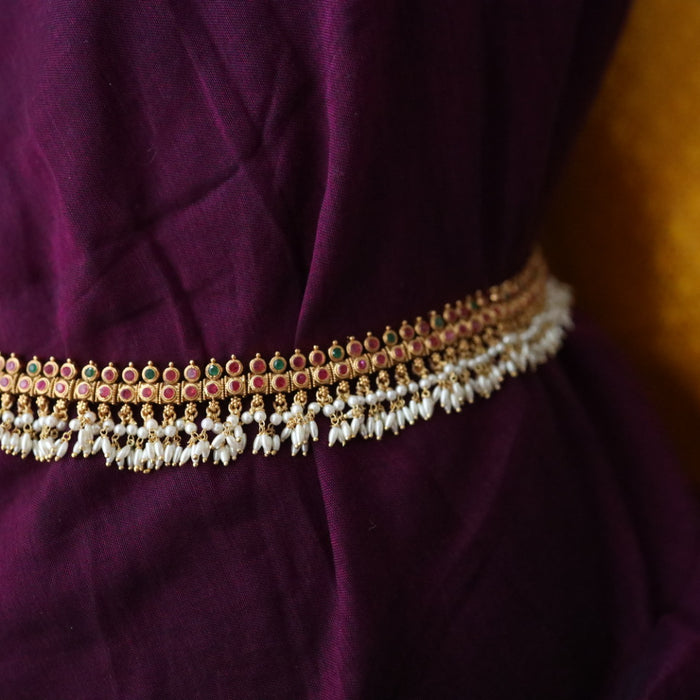 Antique gold temple design ruby pearl waistchain 2345347