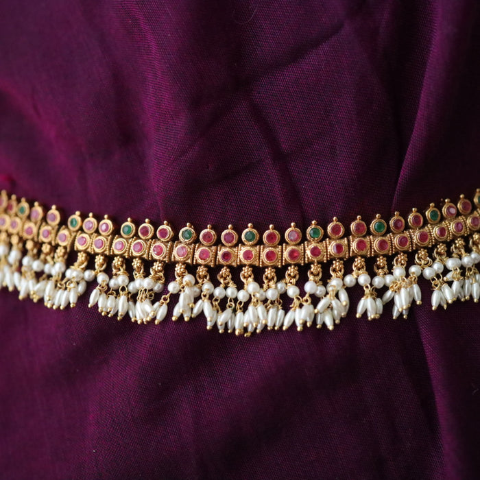 Antique gold temple design ruby pearl waistchain 2345347