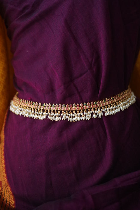 Antique gold temple design ruby pearl waistchain 2345347