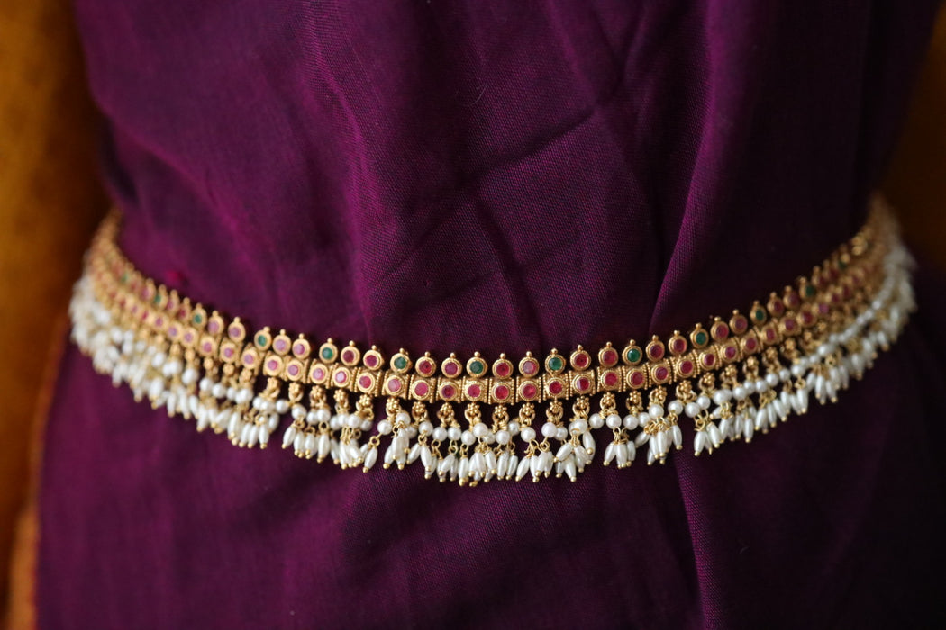 Antique gold temple design ruby pearl waistchain 2345347