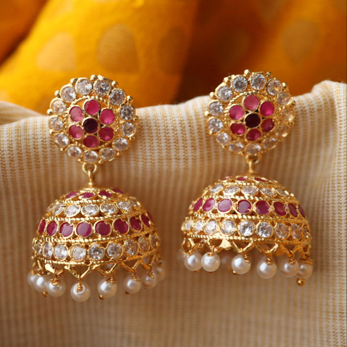 Heritage gold plated ruby & white stone jumka earrings HJ004