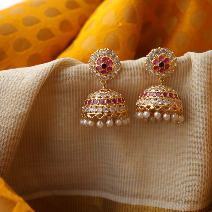 Heritage gold plated ruby & white stone jumka earrings HJ004