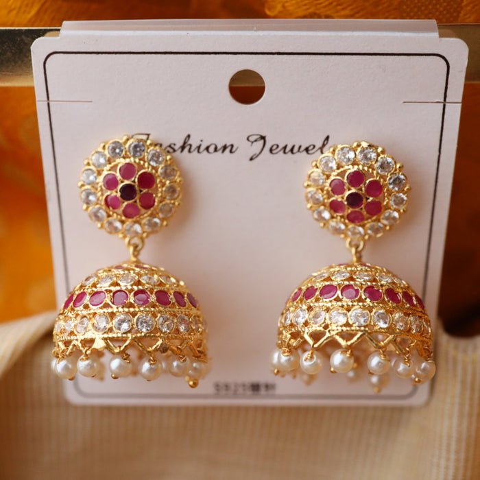 Heritage gold plated ruby & white stone jumka earrings HJ004