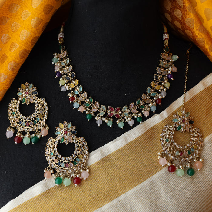 Trendy multi colour bead short necklace with earrings and tikka TM007