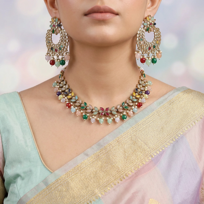 Trendy multi colour bead choker necklace with earrings and tikka TM31