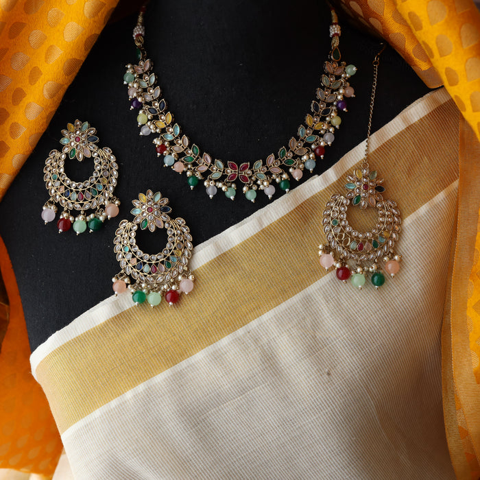 Trendy multi colour bead short necklace with earrings and tikka TM007