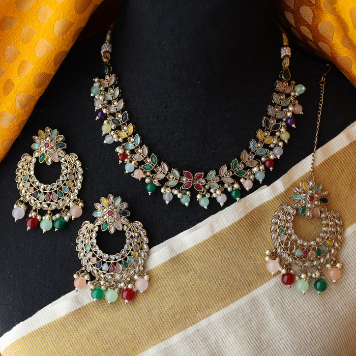 Trendy multi colour bead short necklace with earrings and tikka TM007