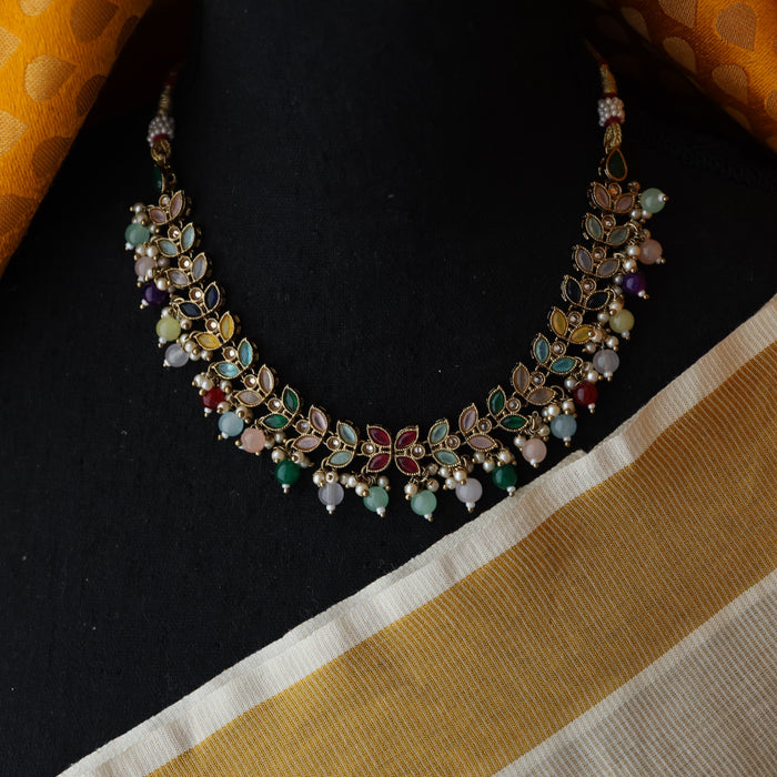 Trendy multi colour bead short necklace with earrings and tikka TM007