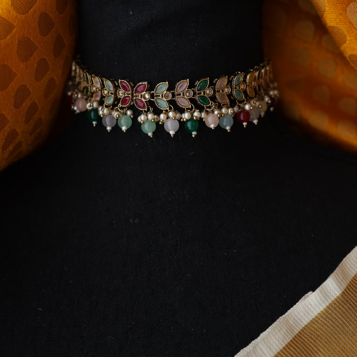 Trendy multi colour bead short necklace with earrings and tikka TM007