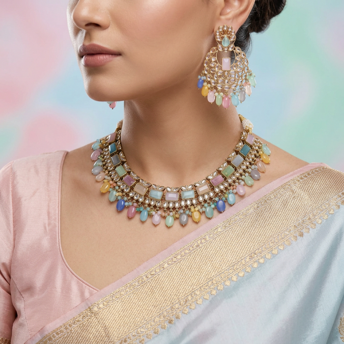 Trendy multi colour bead choker necklace with earrings and tikka TM009