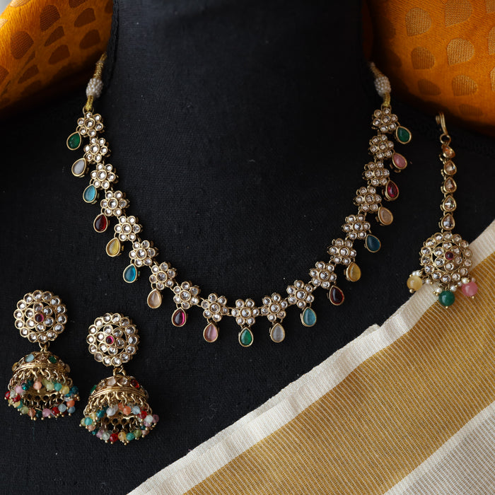 Trendy multi stone short necklace with earrings and tikka TM010