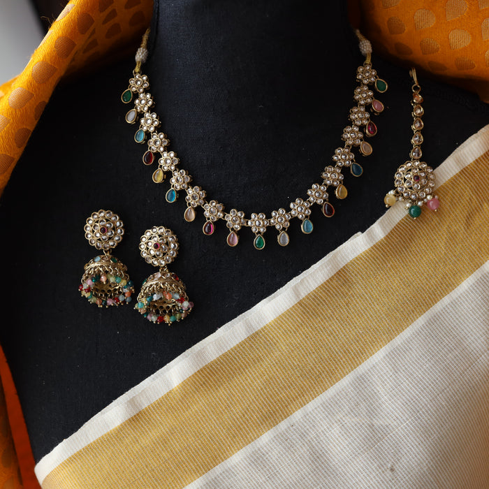 Trendy multi stone short necklace with earrings and tikka TM010