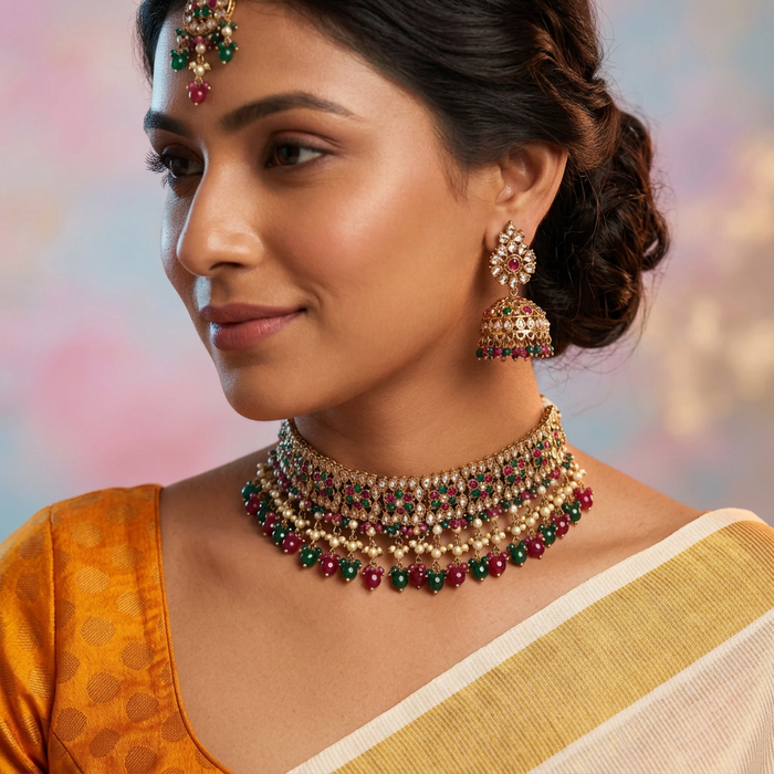 Trendy red and green pearls choker necklace and earrings TM39
