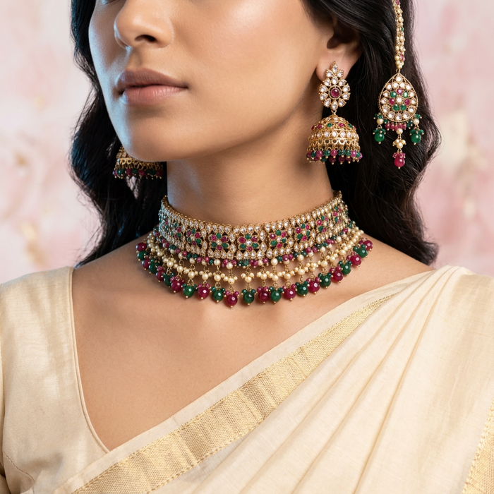 Trendy multi stone short necklace with earrings TM009
