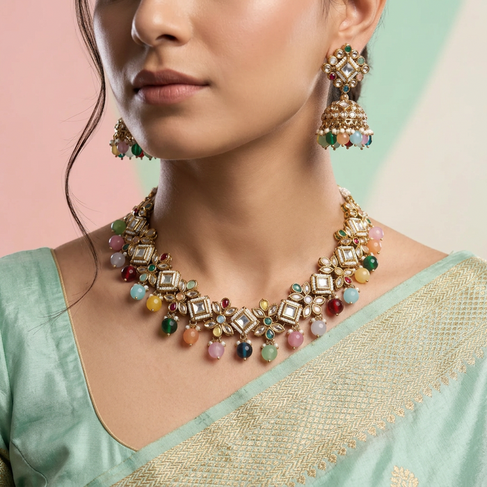 Trendy multi colour stone choker necklace with earrings and tikka TM45