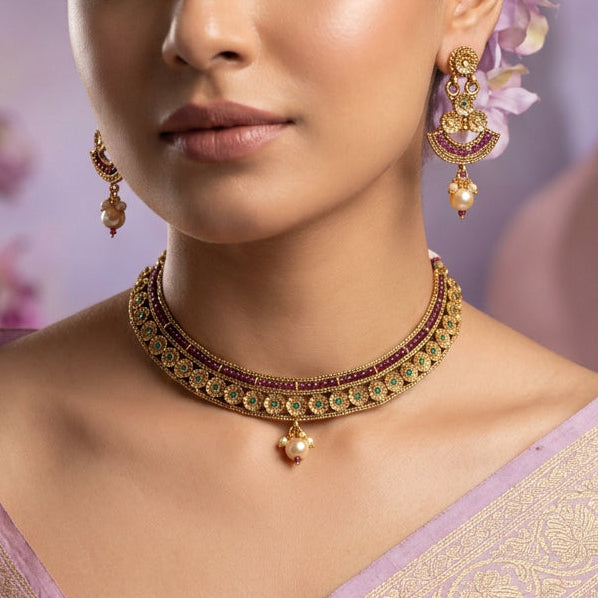 Trendy gold short necklace and earrings G204