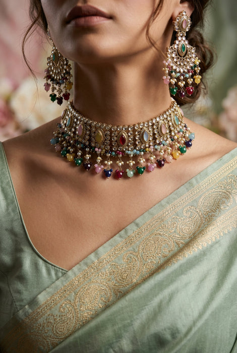 Trendy multi stone choker necklace and earrings TM48