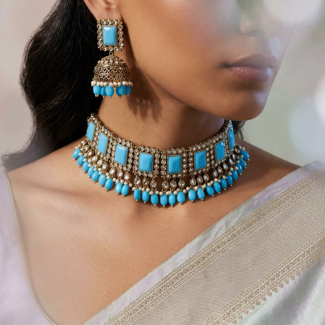 Trendy blue choker necklace, earrings and tikka TM15