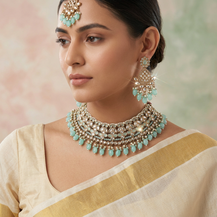 Trendy mint pearl short necklace with earrings TM16