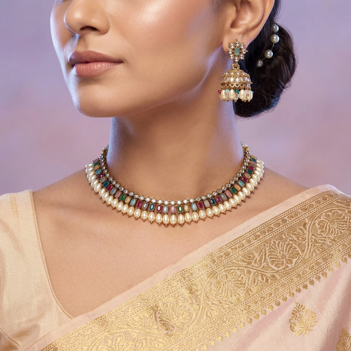 Trendy multi stone short necklace and earrings TM121