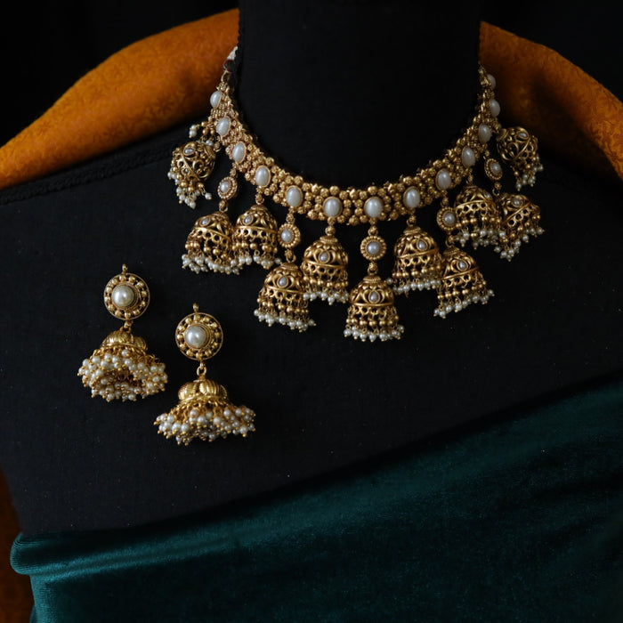 Antique pearl choker necklace with earrings CCB212 — vrddhi