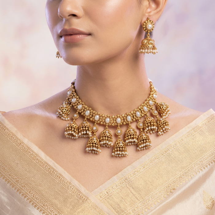 Antique pearl choker necklace with earrings CCB212