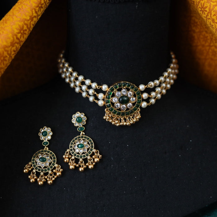 Padmini green stone antique choker necklace with earrings 165772