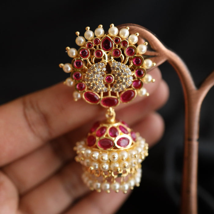 Heritage gold plated ruby stone jumka earrings 2302381