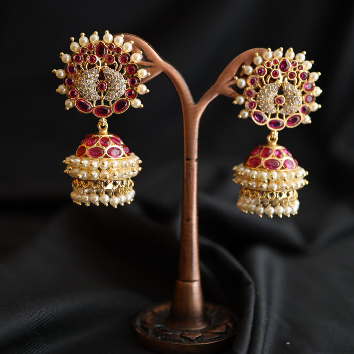 Heritage gold plated ruby stone jumka earrings 2302381