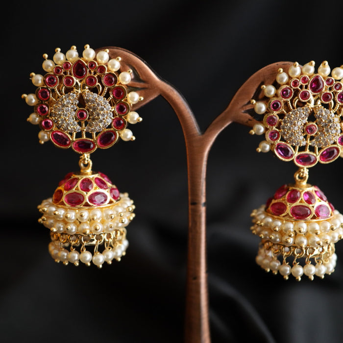 Heritage gold plated ruby stone jumka earrings 2302381