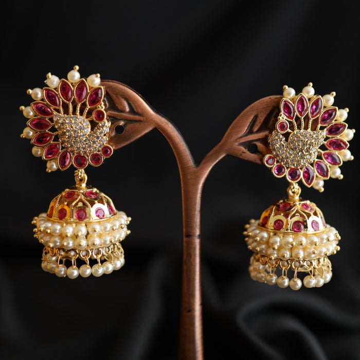 Heritage gold plated ruby stone and pearl jumka earrings 2302387