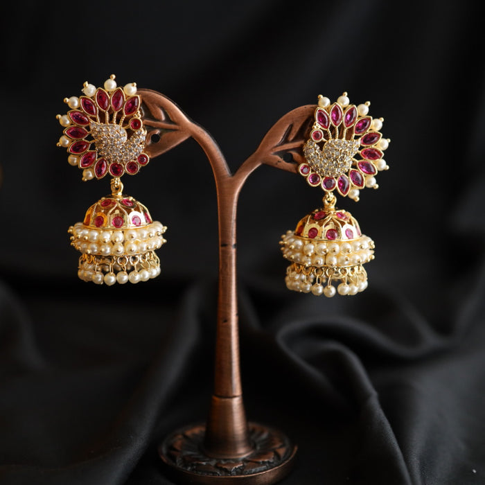 Heritage gold plated ruby stone and pearl jumka earrings 2302387