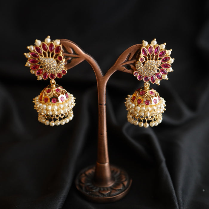 Heritage gold plated ruby stone and pearl jumka earrings 2302387