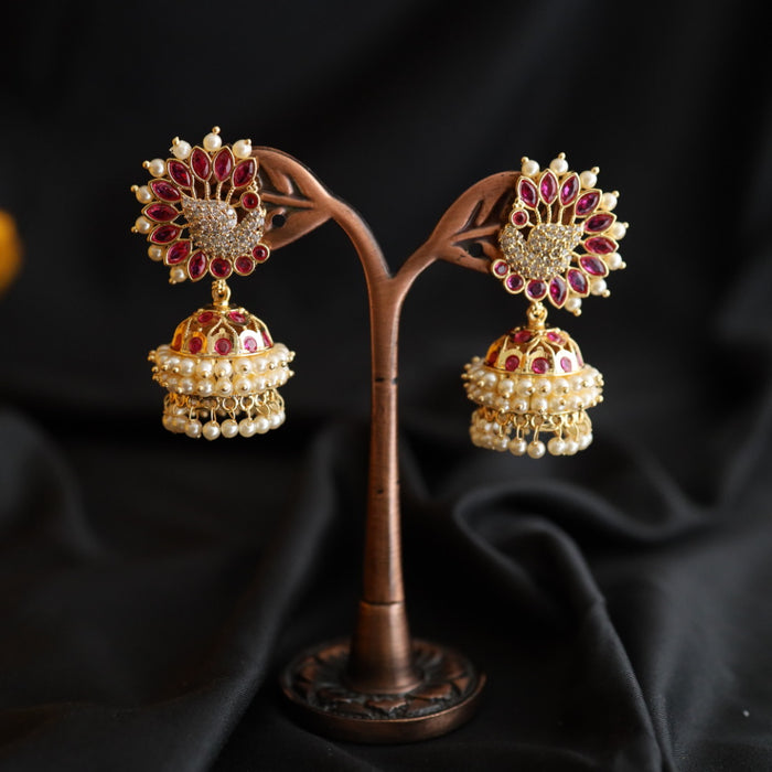 Heritage gold plated ruby stone and pearl jumka earrings 2302387