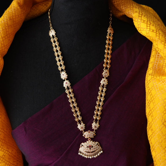 Heritage gold plated ruby stone and pearl padakam long necklace 566693