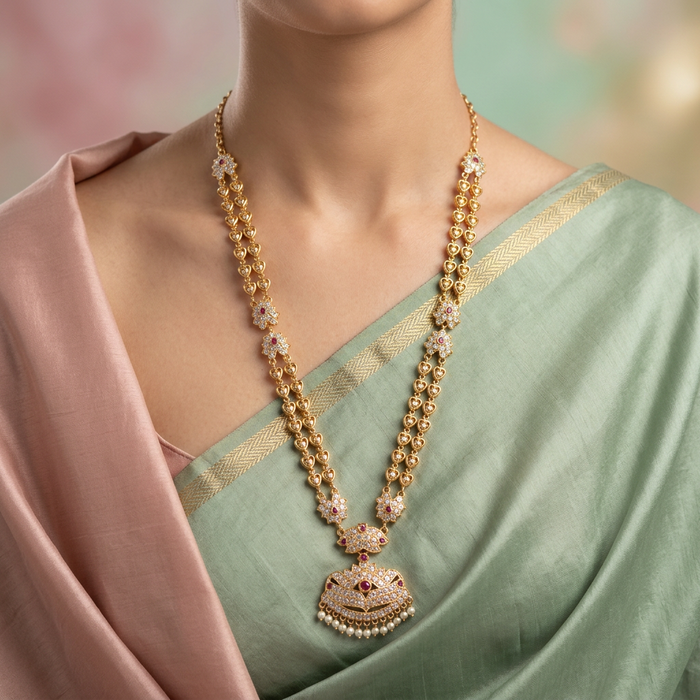Heritage gold plated ruby stone and pearl padakam long necklace HL1012