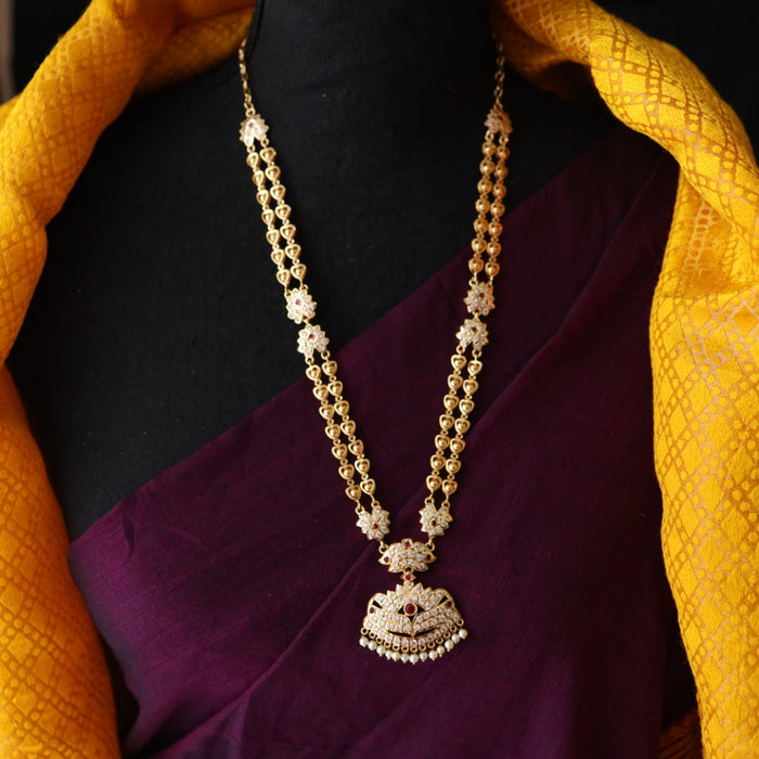 Heritage gold plated ruby stone and pearl padakam long necklace 566693