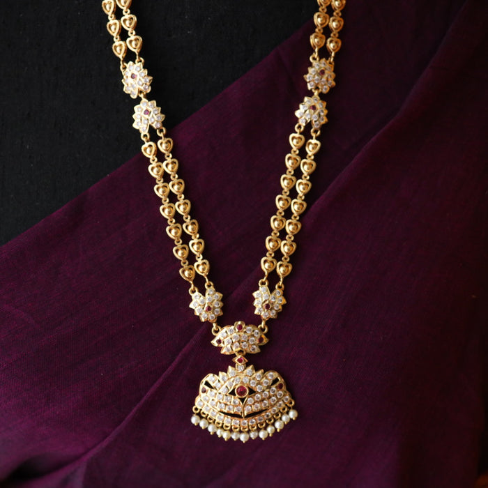 Heritage gold plated ruby stone and pearl padakam long necklace 566693