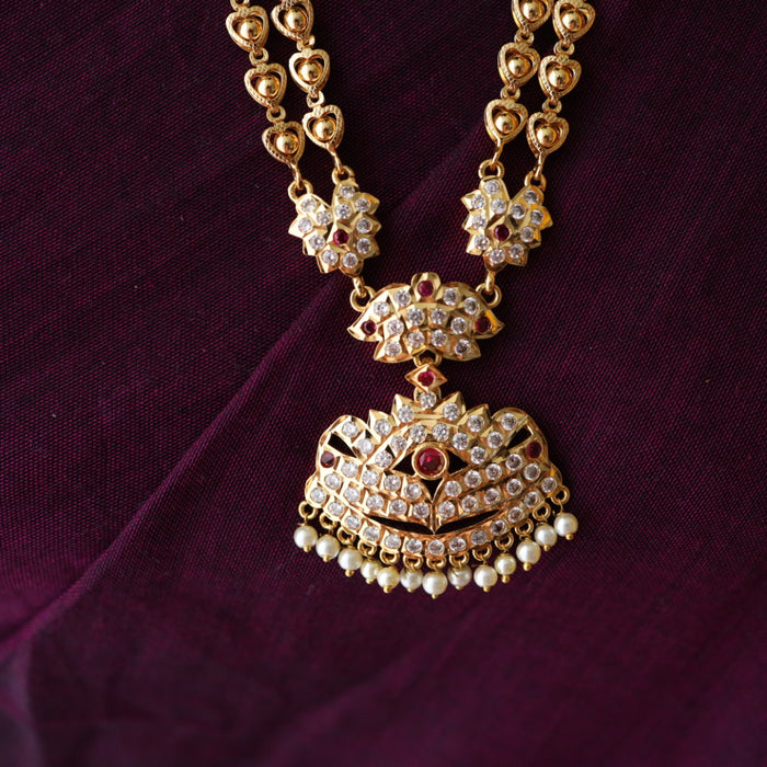 Heritage gold plated ruby stone and pearl padakam long necklace 566693