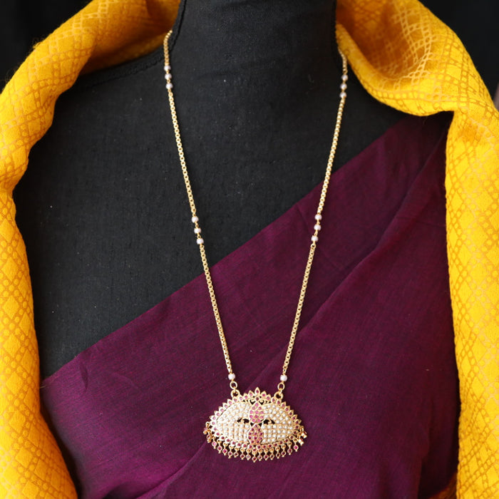 Heritage gold plated ruby stone and pearl padakam long chain 7665312